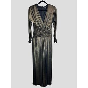 Tadashi Shoji Ellery Metallic Gold Draped Long Sleeve Jersey Gown Sz S Designer